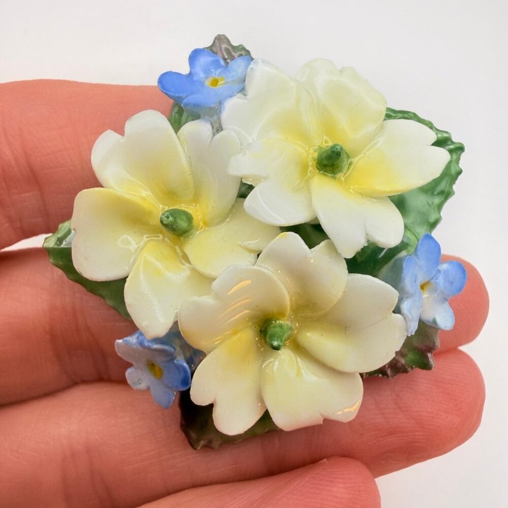 Vintage Porcelain Flower Brooch Pin Yellow Primrose Blue Forget-Me-Not Floral